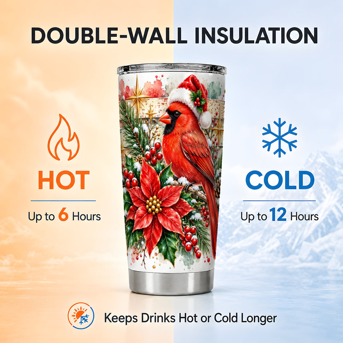 Christmas Cardinal Tumbler 20oz, Floral Stainless Steel Travel Cup