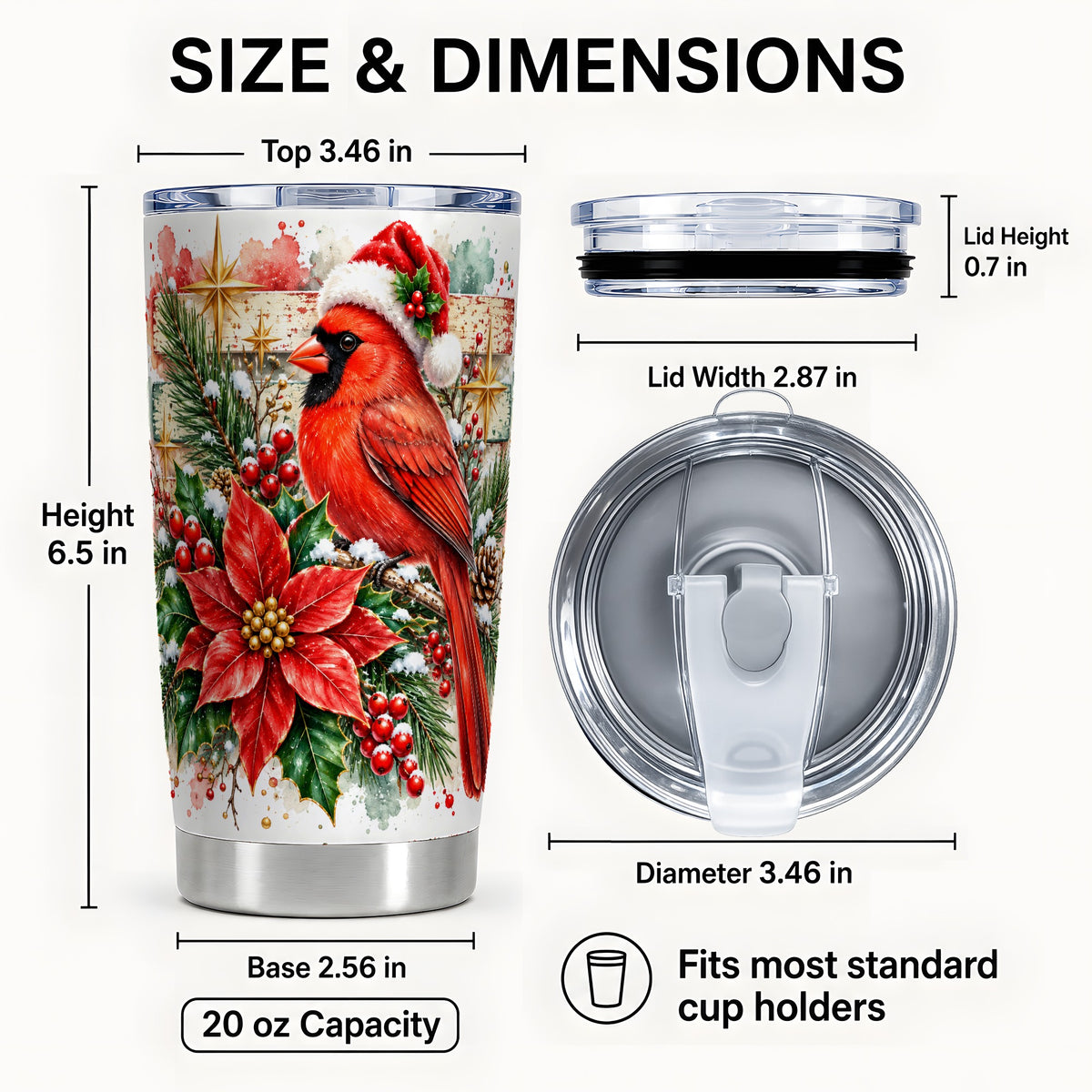 #pl[20oz|Steel] Christmas Cardinal Tumbler 20oz, Floral Stainless Steel Travel Cup