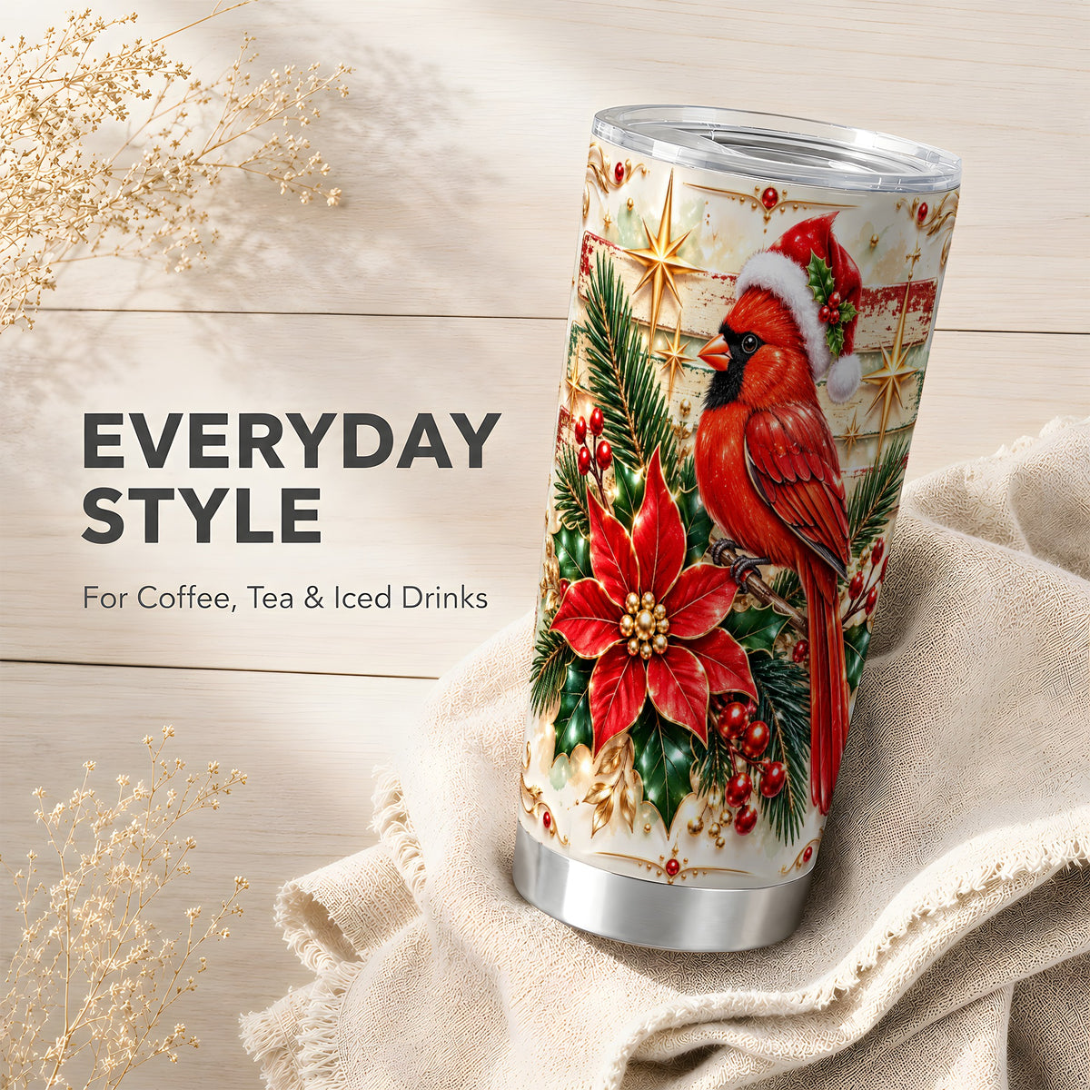 Cardinal Tumbler 20oz, Winter Bird Tumbler, Stainless Steel Travel Cup