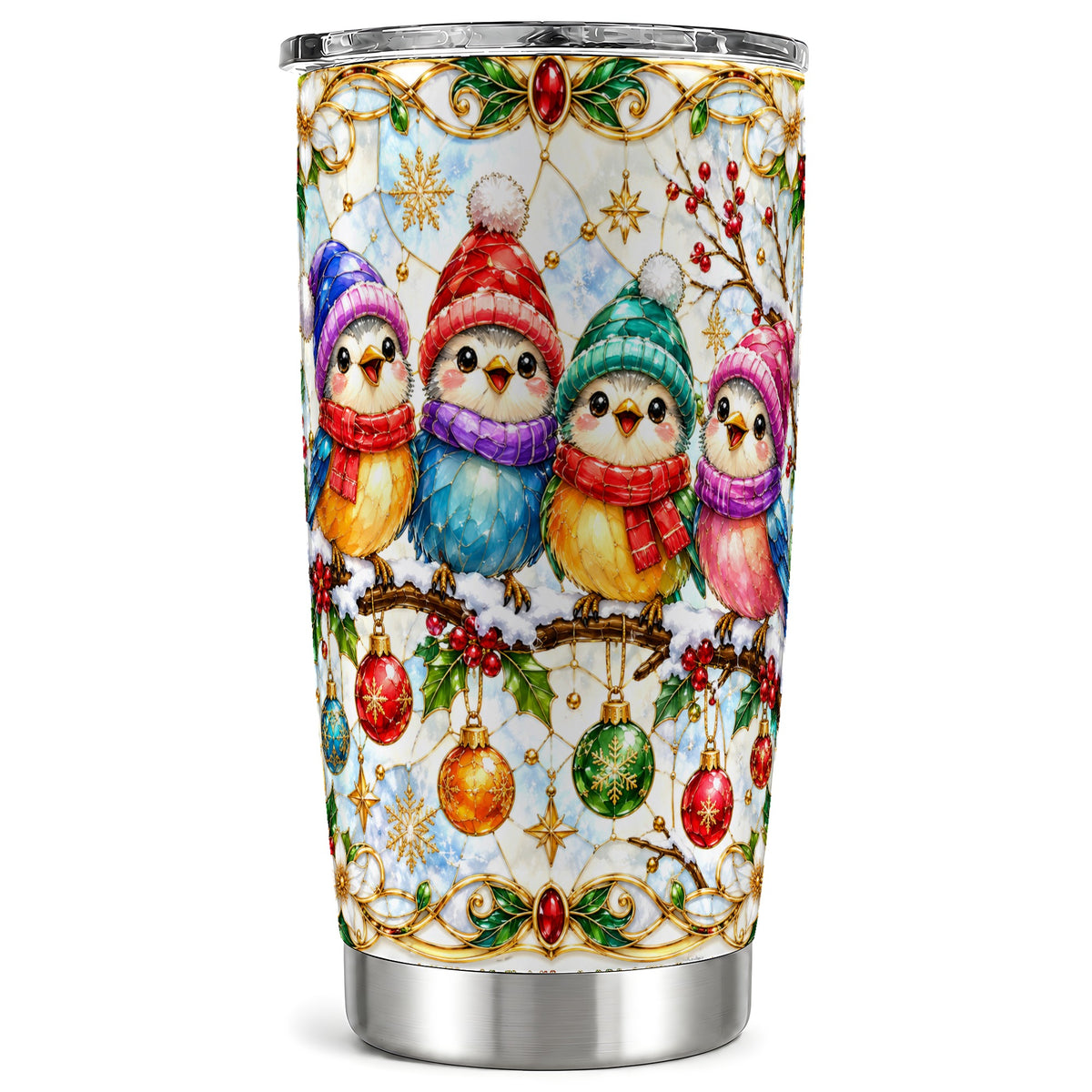 Birds Tumbler 20oz, Winter Songbird Tumbler, Stainless Steel Travel Cup