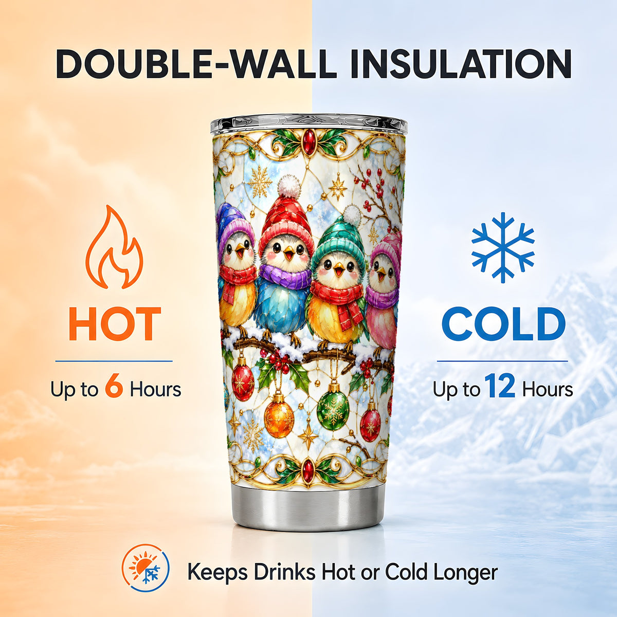 Birds Tumbler 20oz, Winter Songbird Tumbler, Stainless Steel Travel Cup