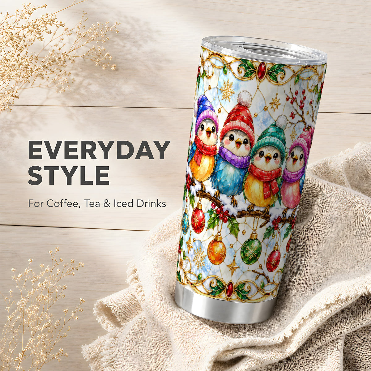 Birds Tumbler 20oz, Winter Songbird Tumbler, Stainless Steel Travel Cup