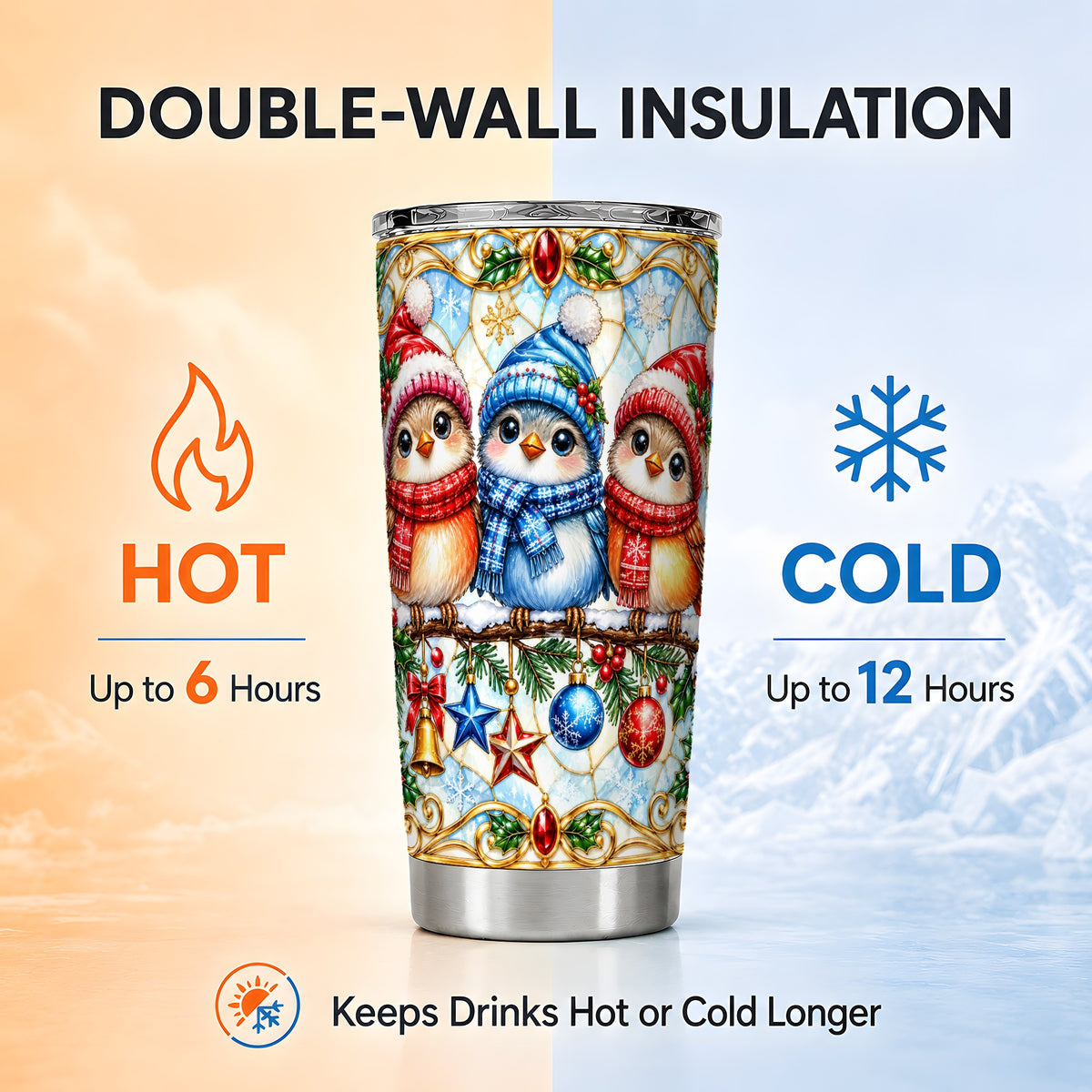 Christmas Owl Tumbler 20oz, Winter Bird Tumbler, Stainless Steel Travel Cup