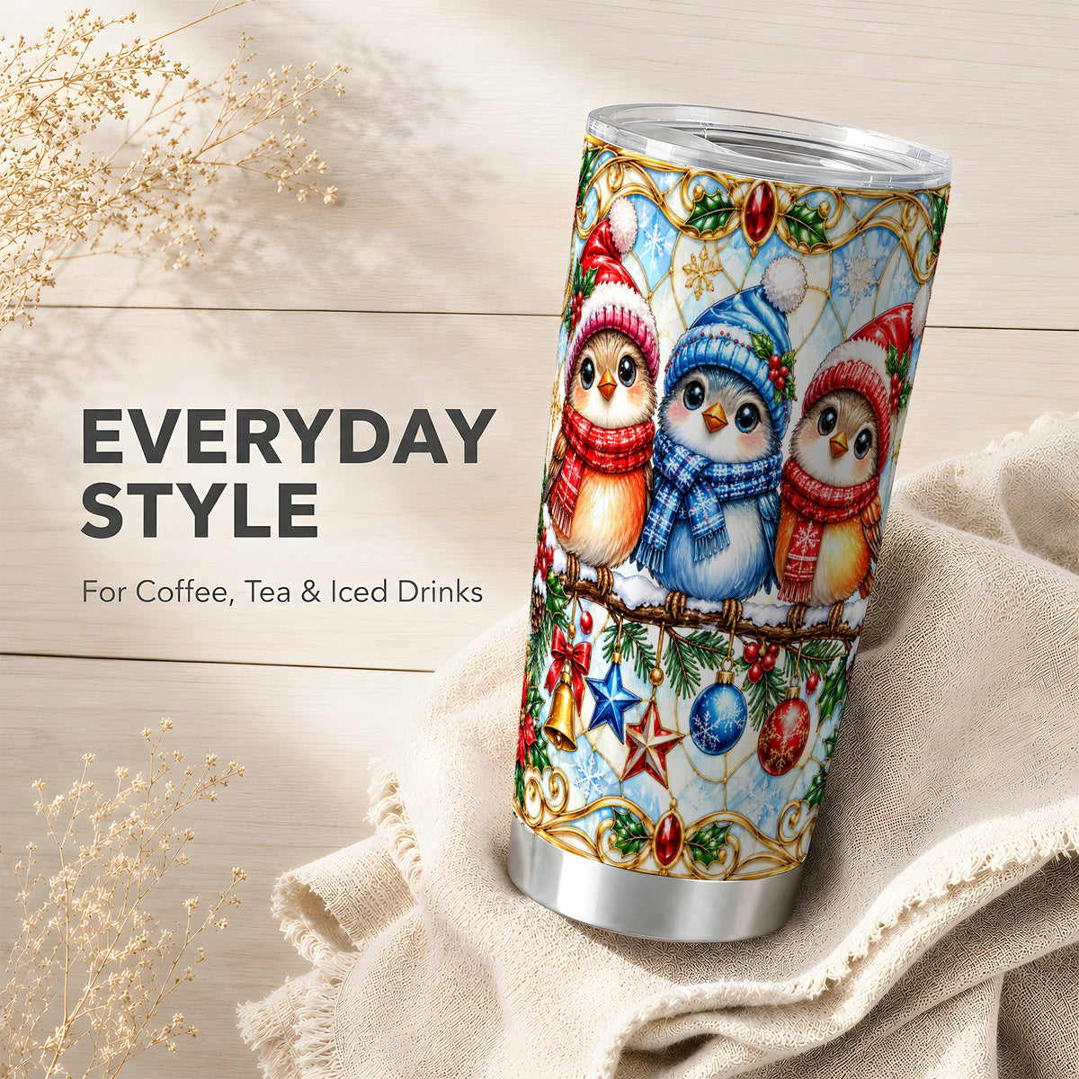 Christmas Owl Tumbler 20oz, Winter Bird Tumbler, Stainless Steel Travel Cup