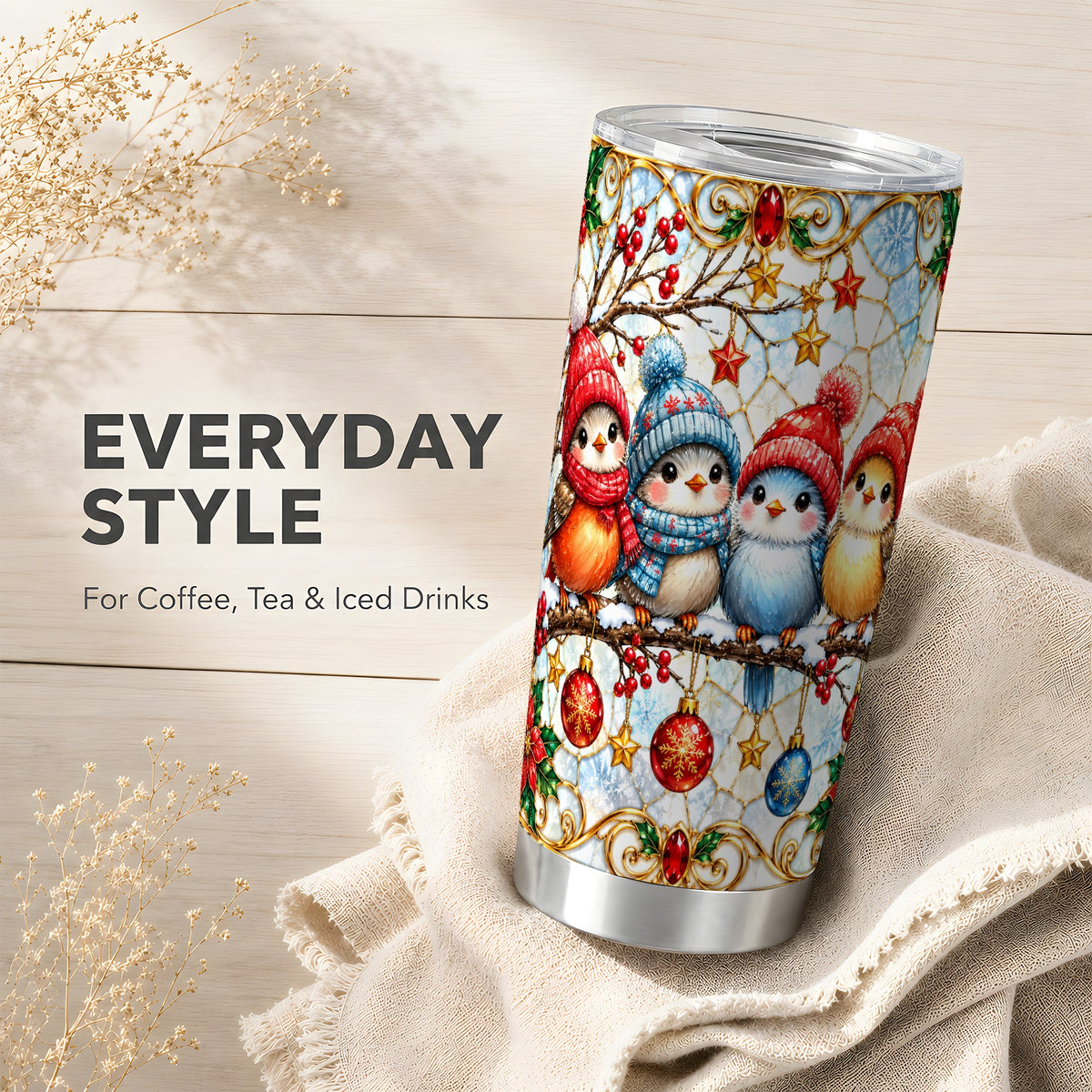 Bird Tumbler 20oz, Winter Songbird Tumbler, Stainless Steel Travel Cup