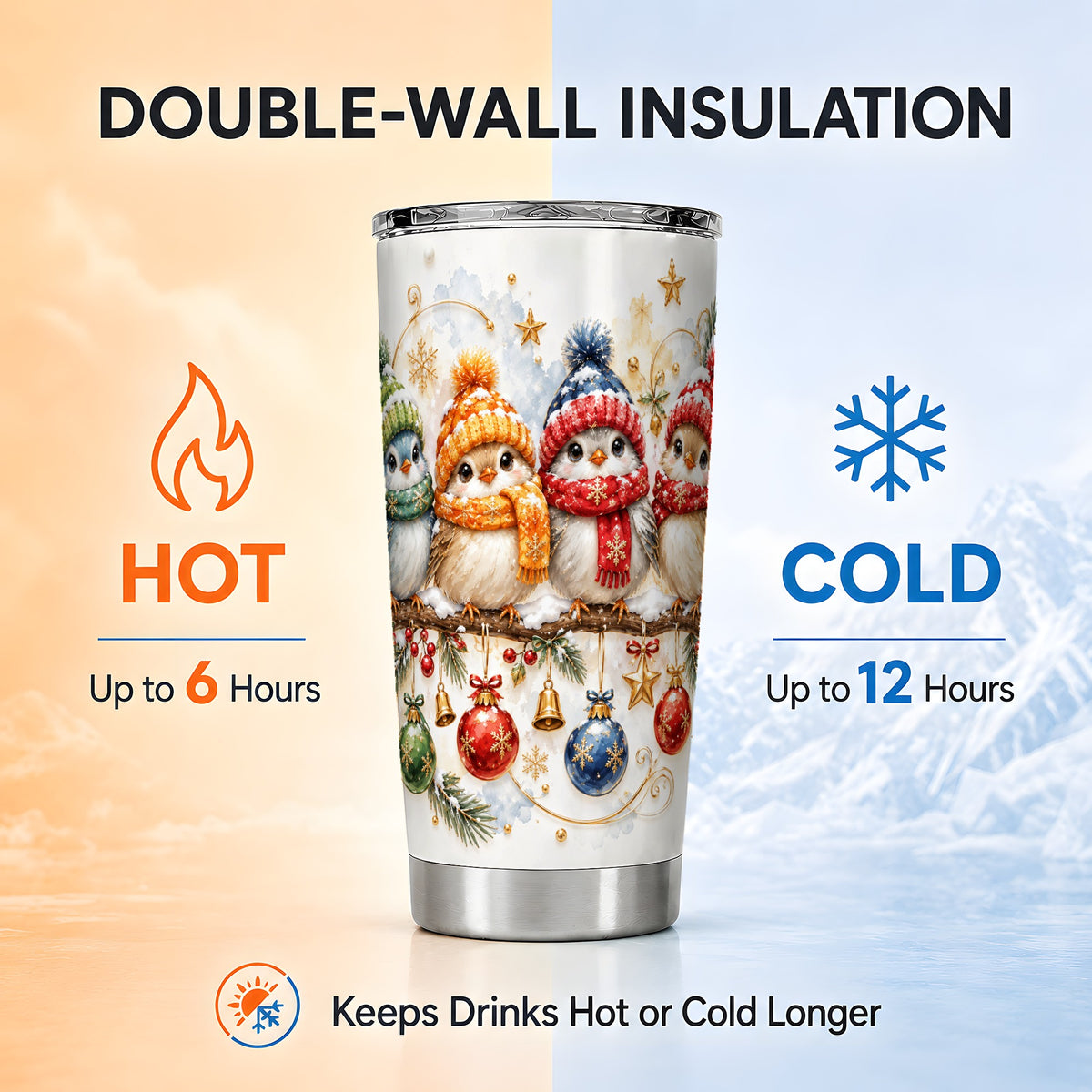 Winter Bird Tumbler 20oz, Cozy Songbird Tumbler, Stainless Steel Travel Cup