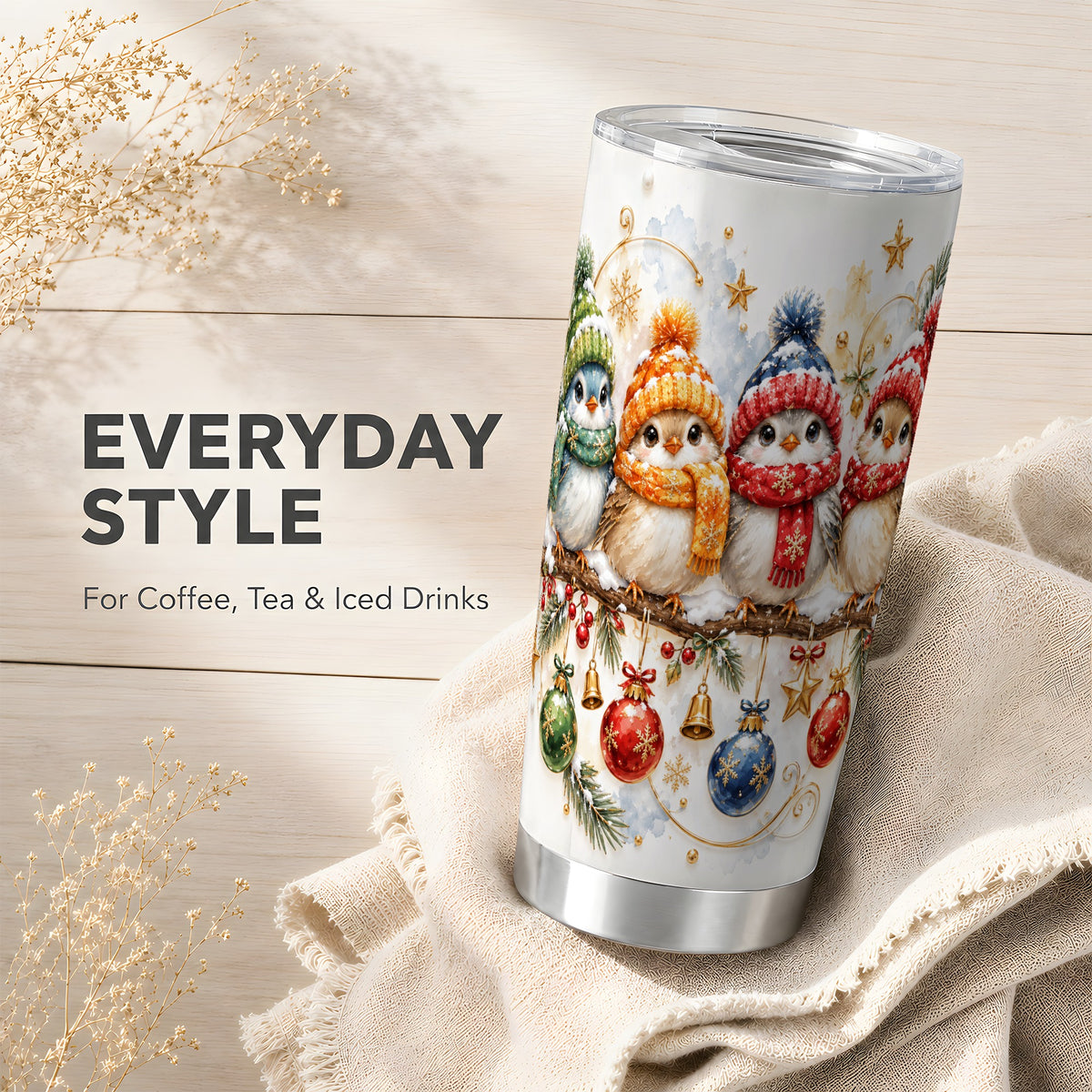 Winter Bird Tumbler 20oz, Cozy Songbird Tumbler, Stainless Steel Travel Cup