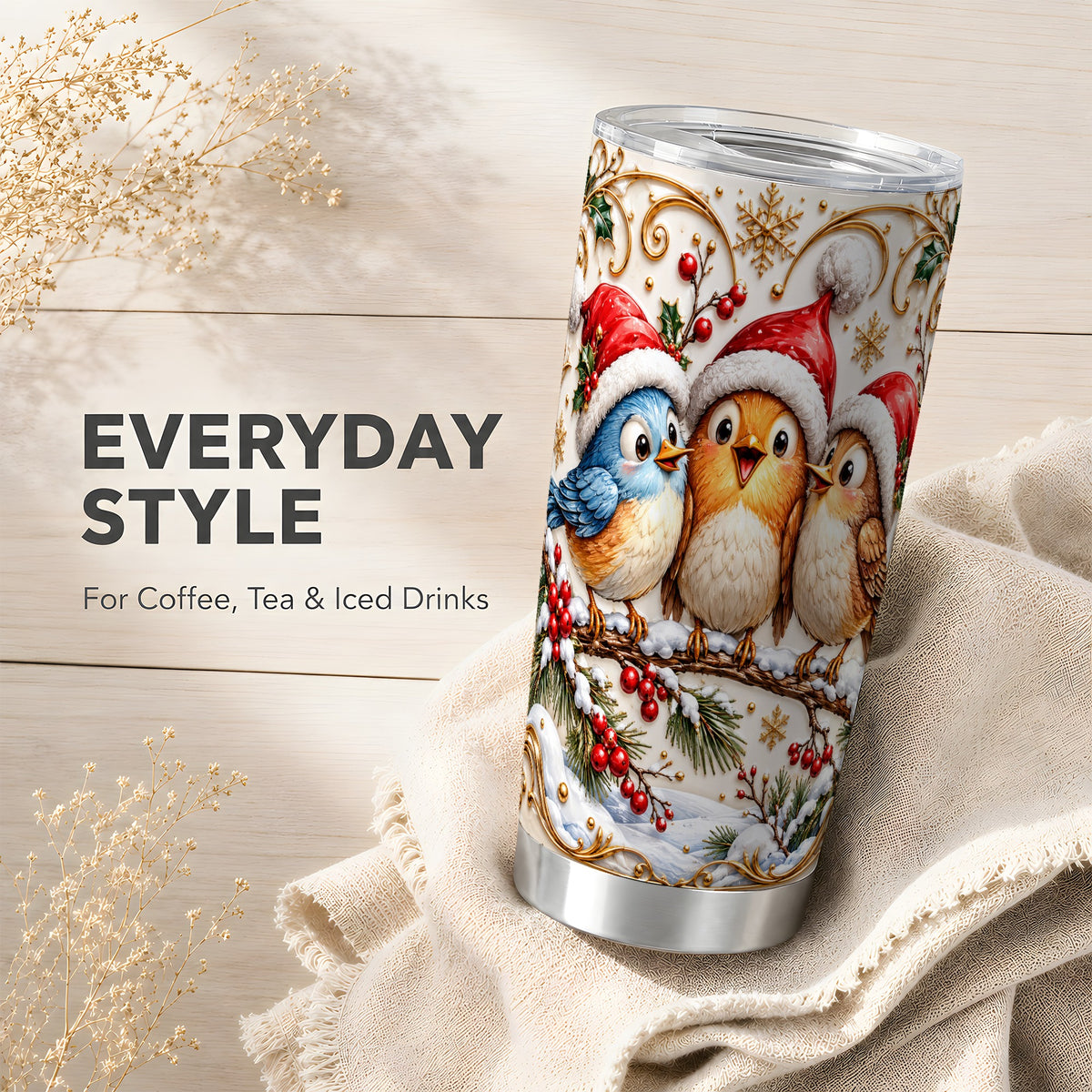 Songbird Tumbler 20oz, Santa Hat Tumbler, Stainless Steel Travel Cup