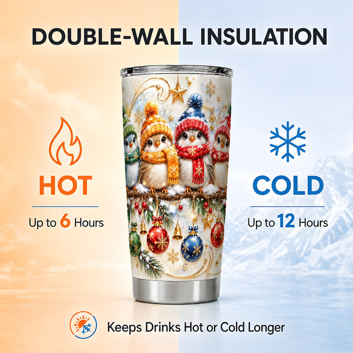 Christmas Birds Tumbler 20oz, Winter Tumbler, Stainless Steel Travel Cup