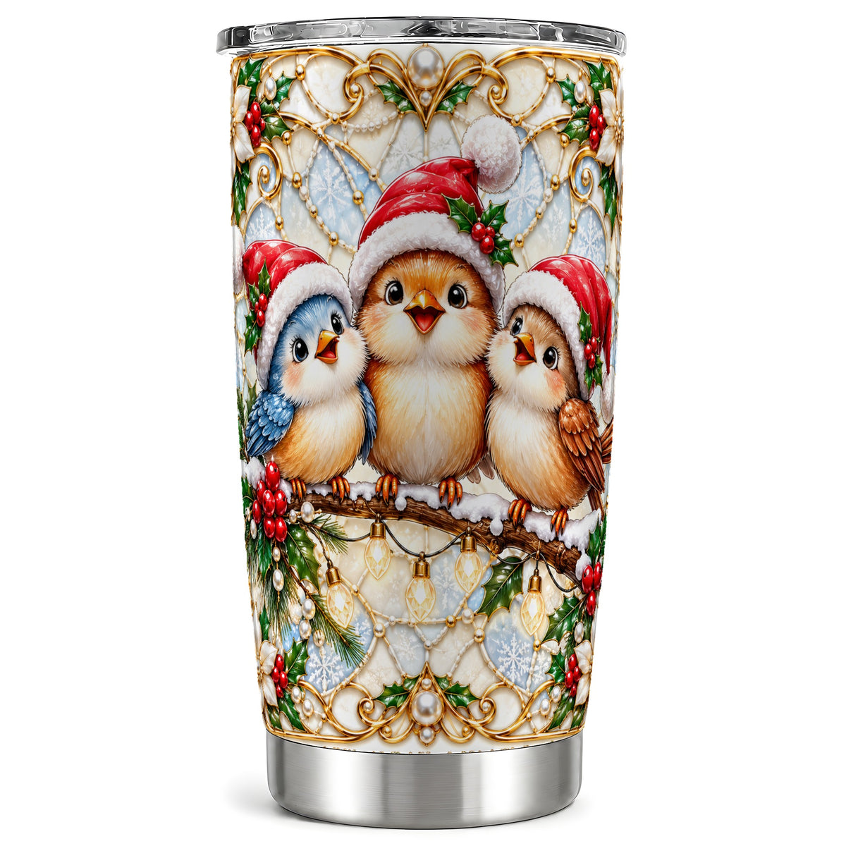 Christmas Songbirds Tumbler 20oz, Santa Bird Stainless Steel Travel Cup