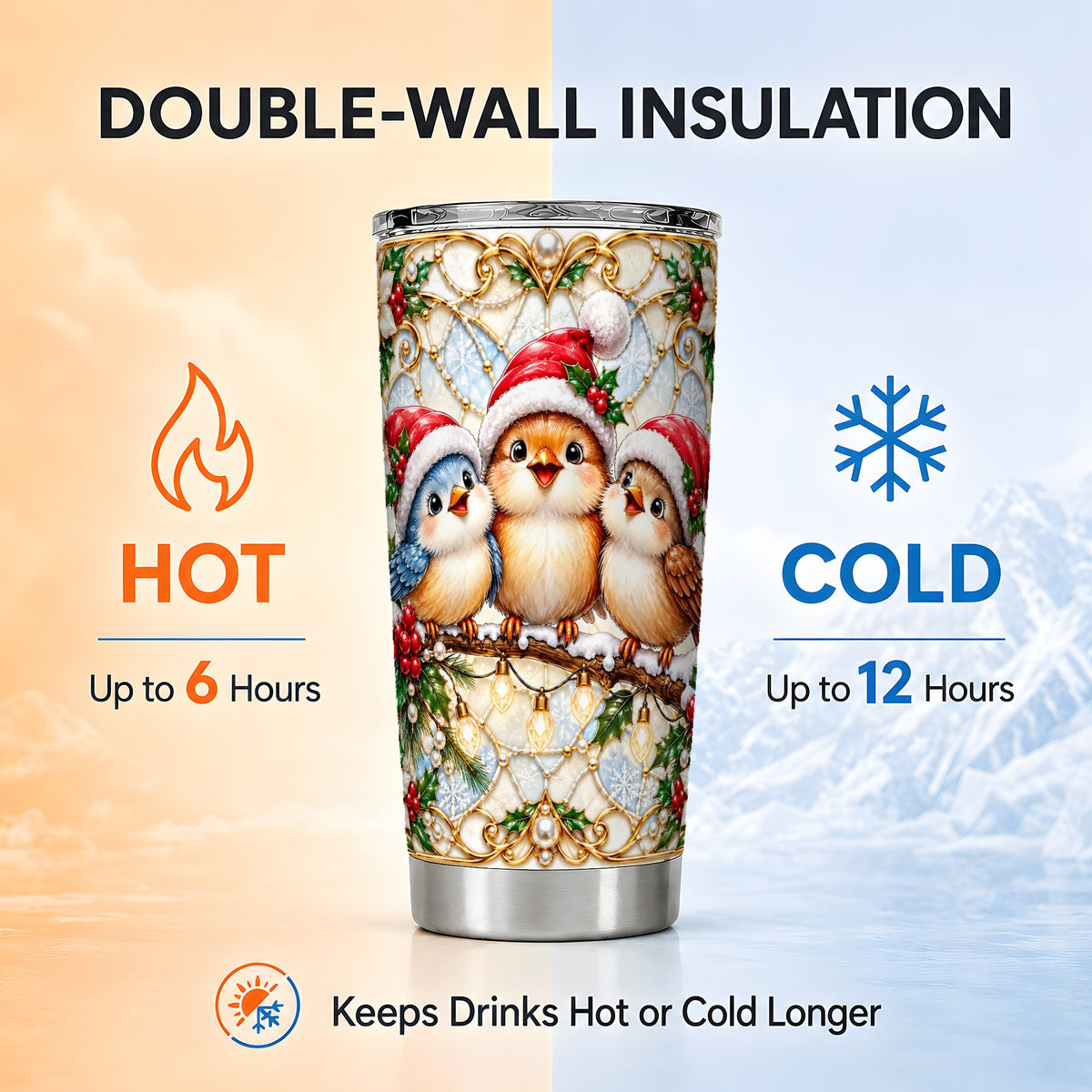 Christmas Songbirds Tumbler 20oz, Santa Bird Stainless Steel Travel Cup
