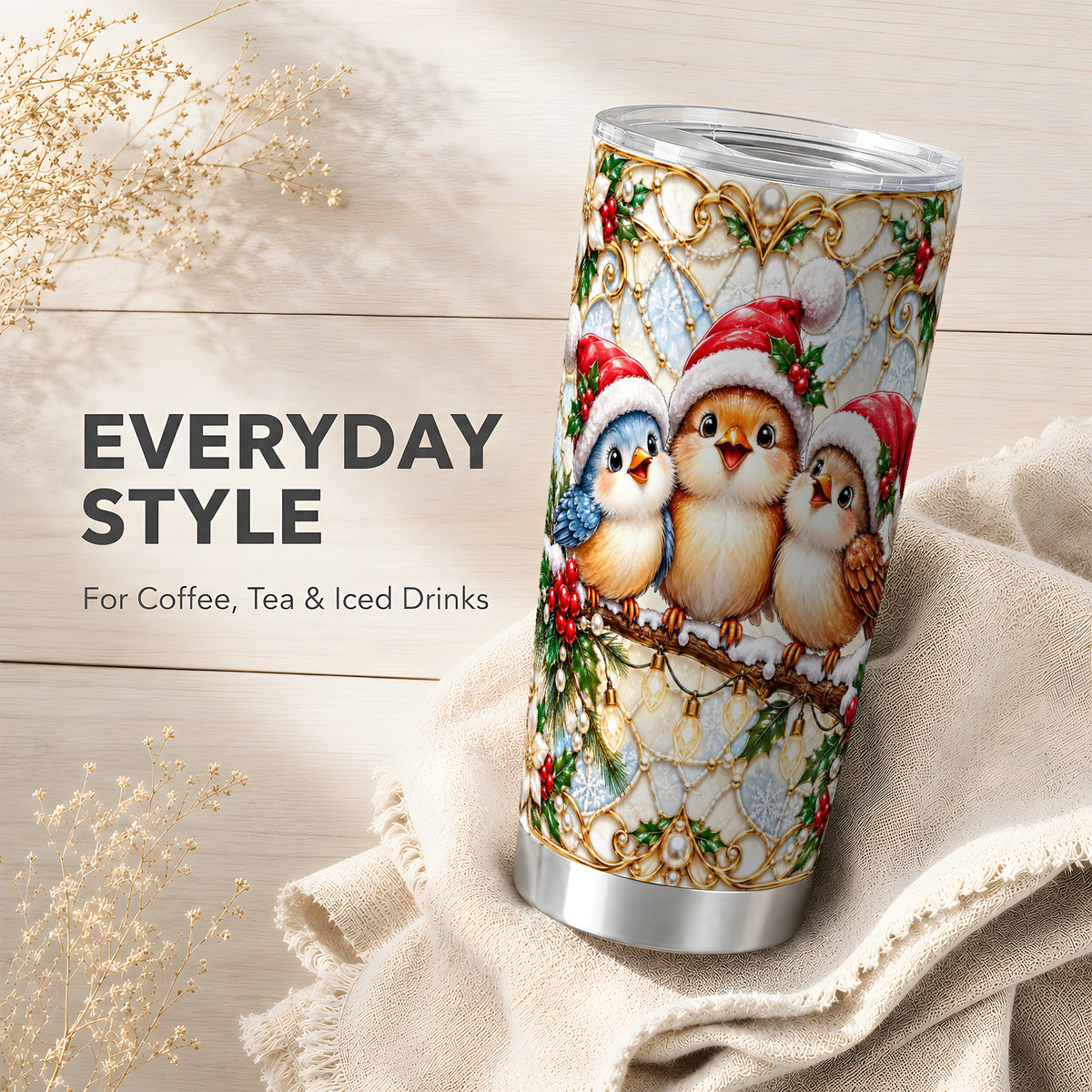 Christmas Songbirds Tumbler 20oz, Santa Bird Stainless Steel Travel Cup