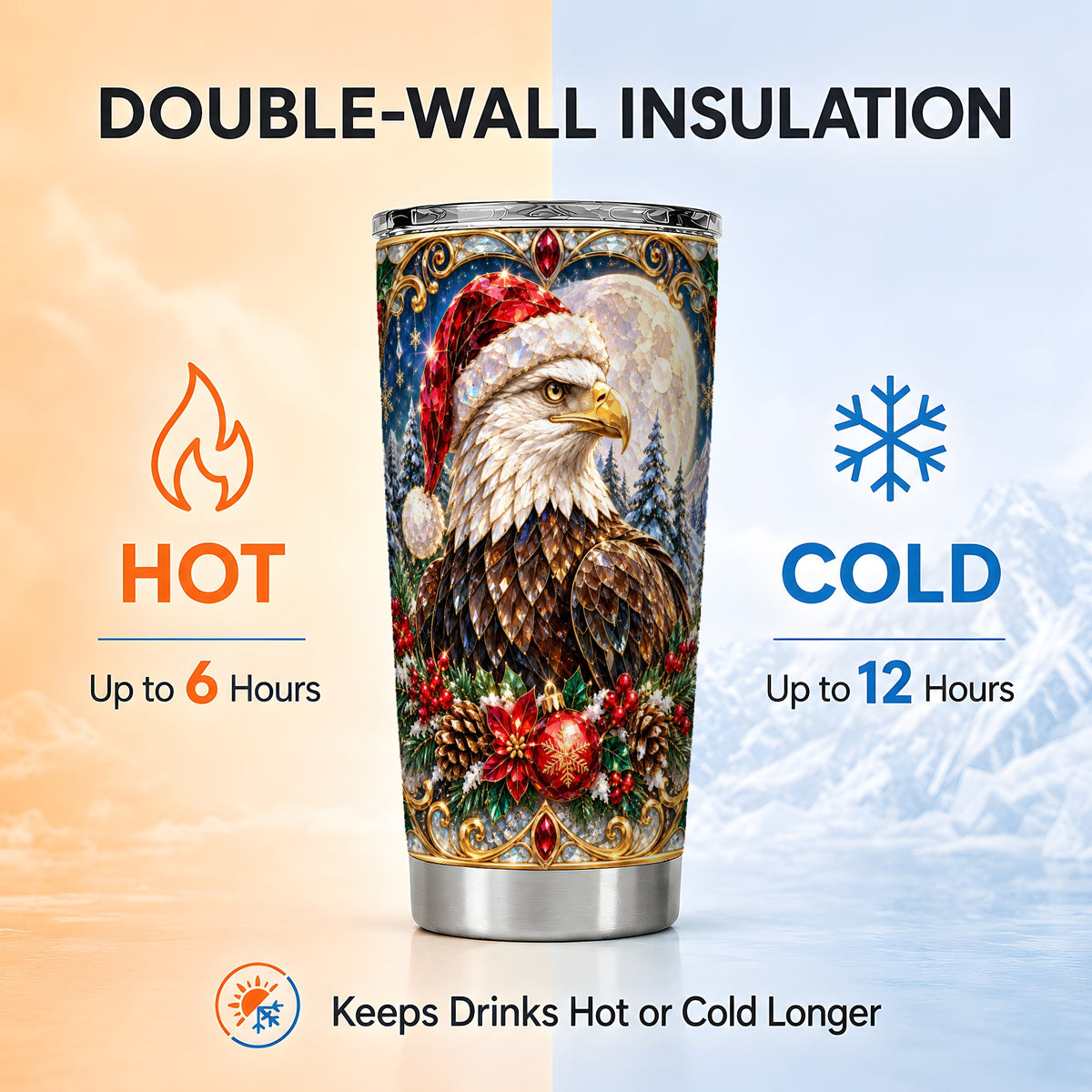Christmas Eagle Tumbler 20oz, Winter Eagle Stainless Steel Travel Cup