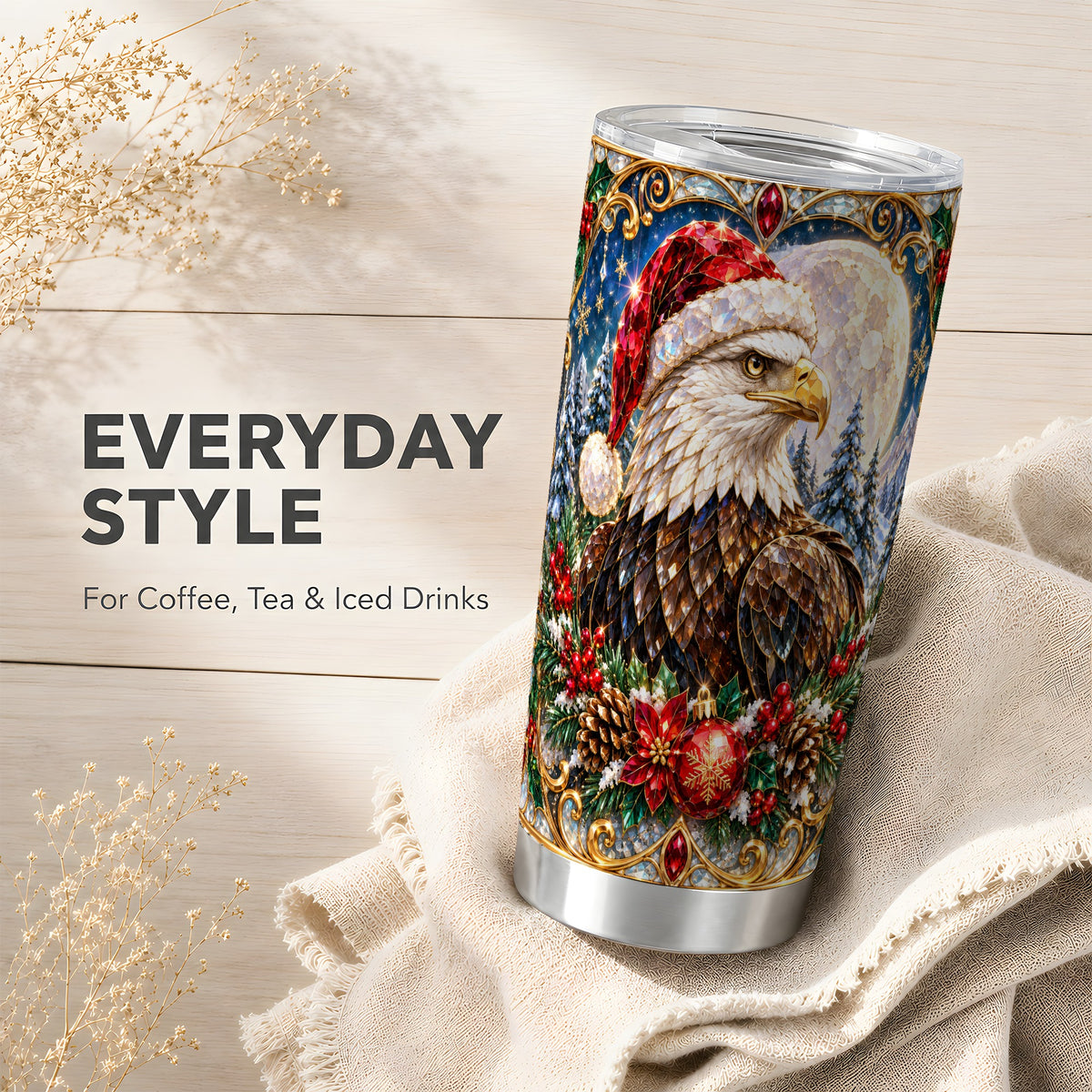 Christmas Eagle Tumbler 20oz, Winter Eagle Stainless Steel Travel Cup