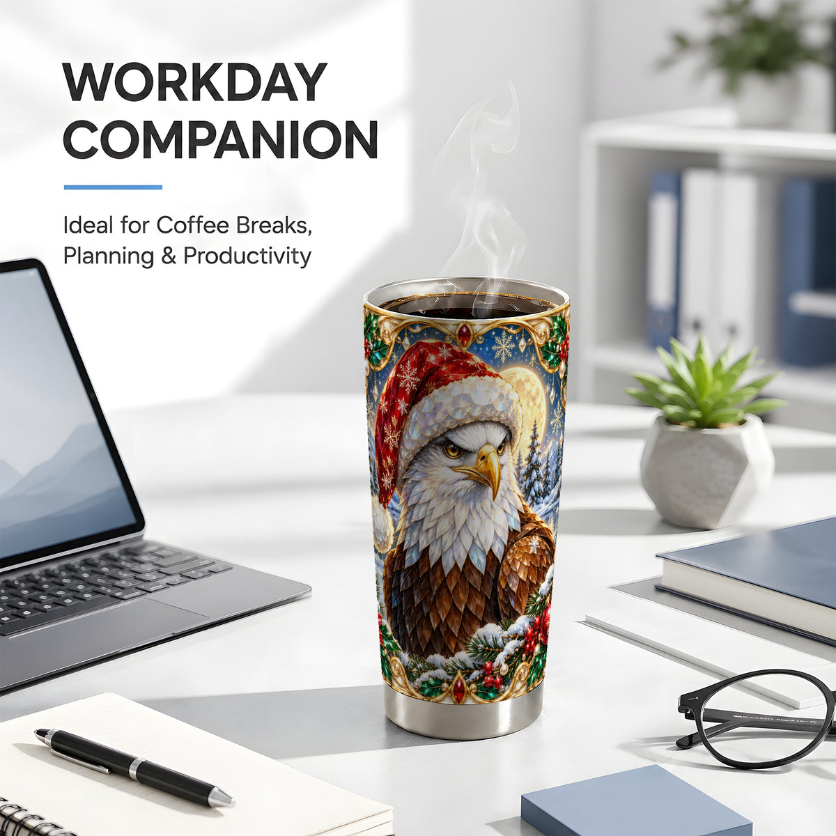 Christmas Bald Eagle Tumbler 20oz, Winter Stainless Steel Travel Cup