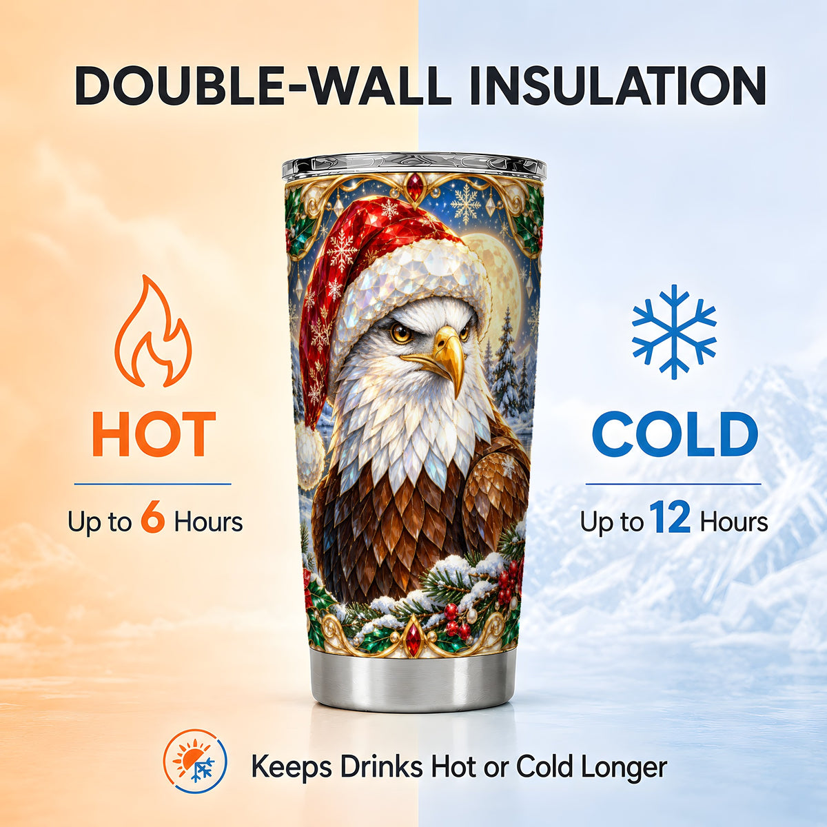 Christmas Bald Eagle Tumbler 20oz, Winter Stainless Steel Travel Cup