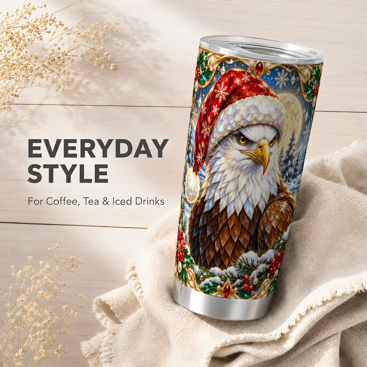 Christmas Bald Eagle Tumbler 20oz, Winter Stainless Steel Travel Cup