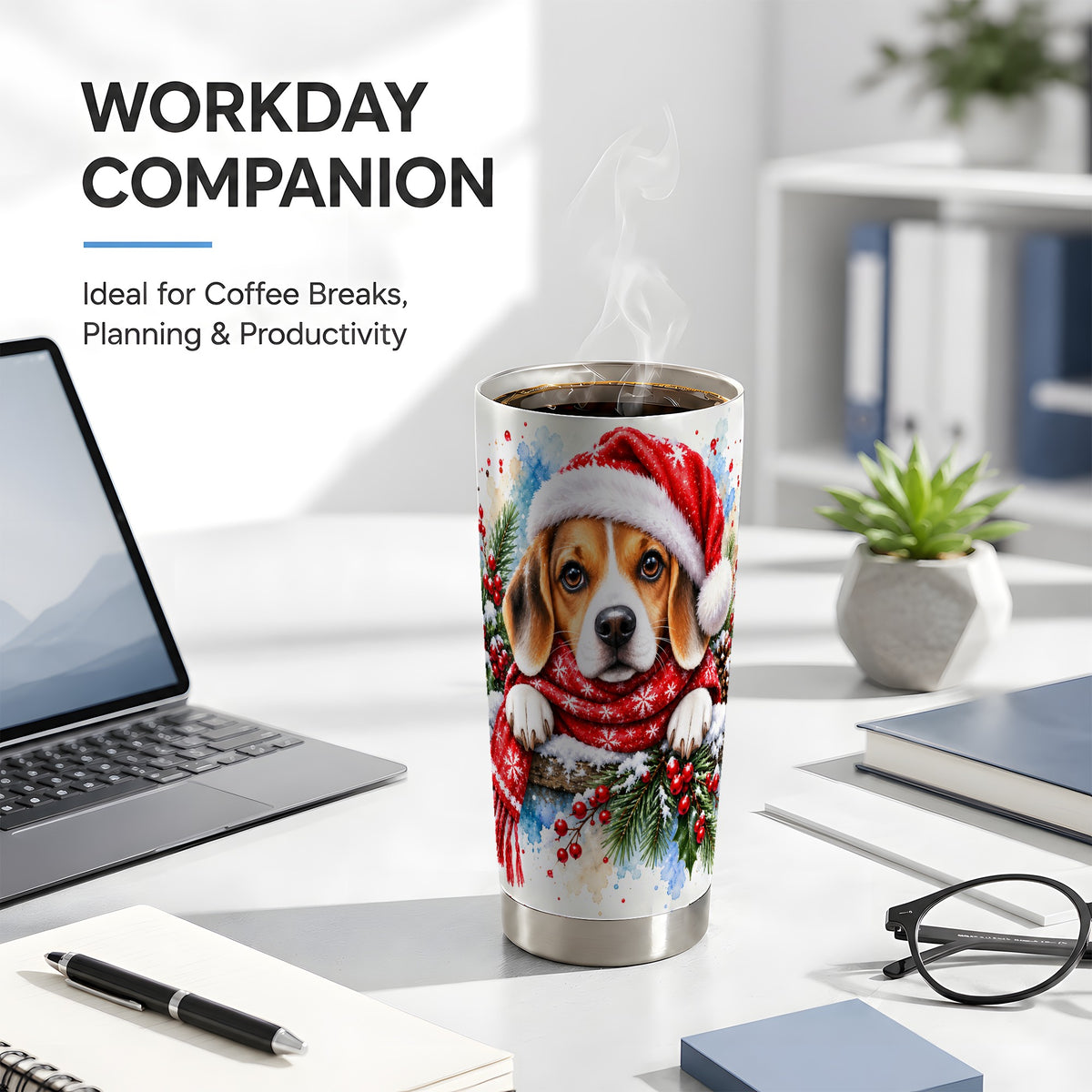 Christmas Beagle Tumbler 20oz, Santa Dog Stainless Steel Travel Cup