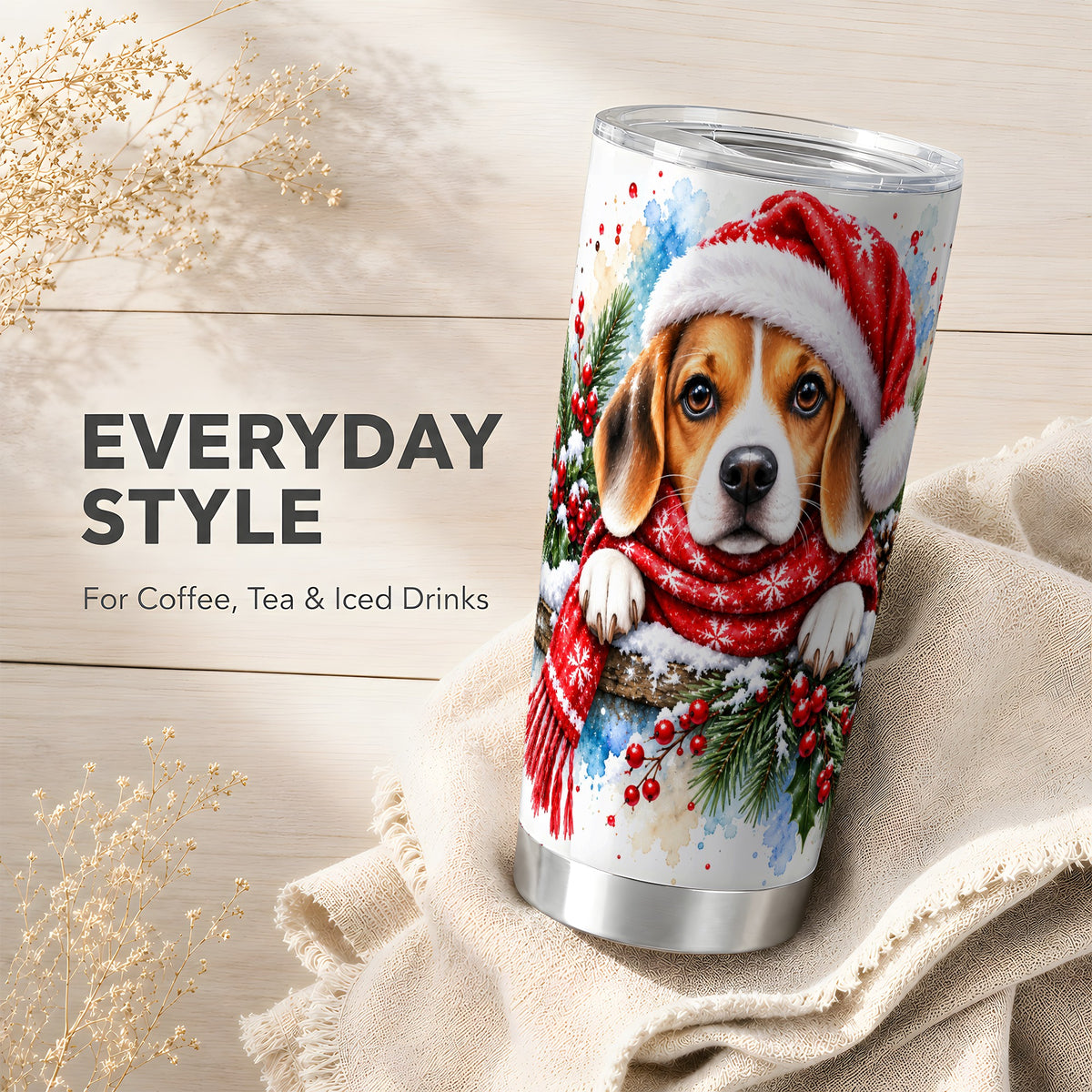 Christmas Beagle Tumbler 20oz, Santa Dog Stainless Steel Travel Cup