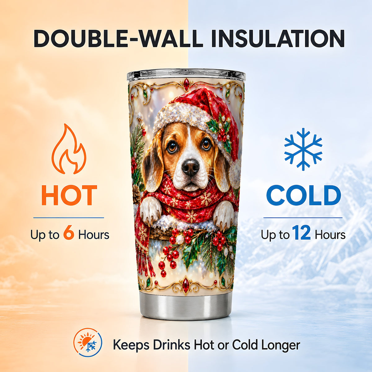 Christmas Beagle Tumbler 20oz, Puppy Tumbler, Stainless Steel Travel Cup
