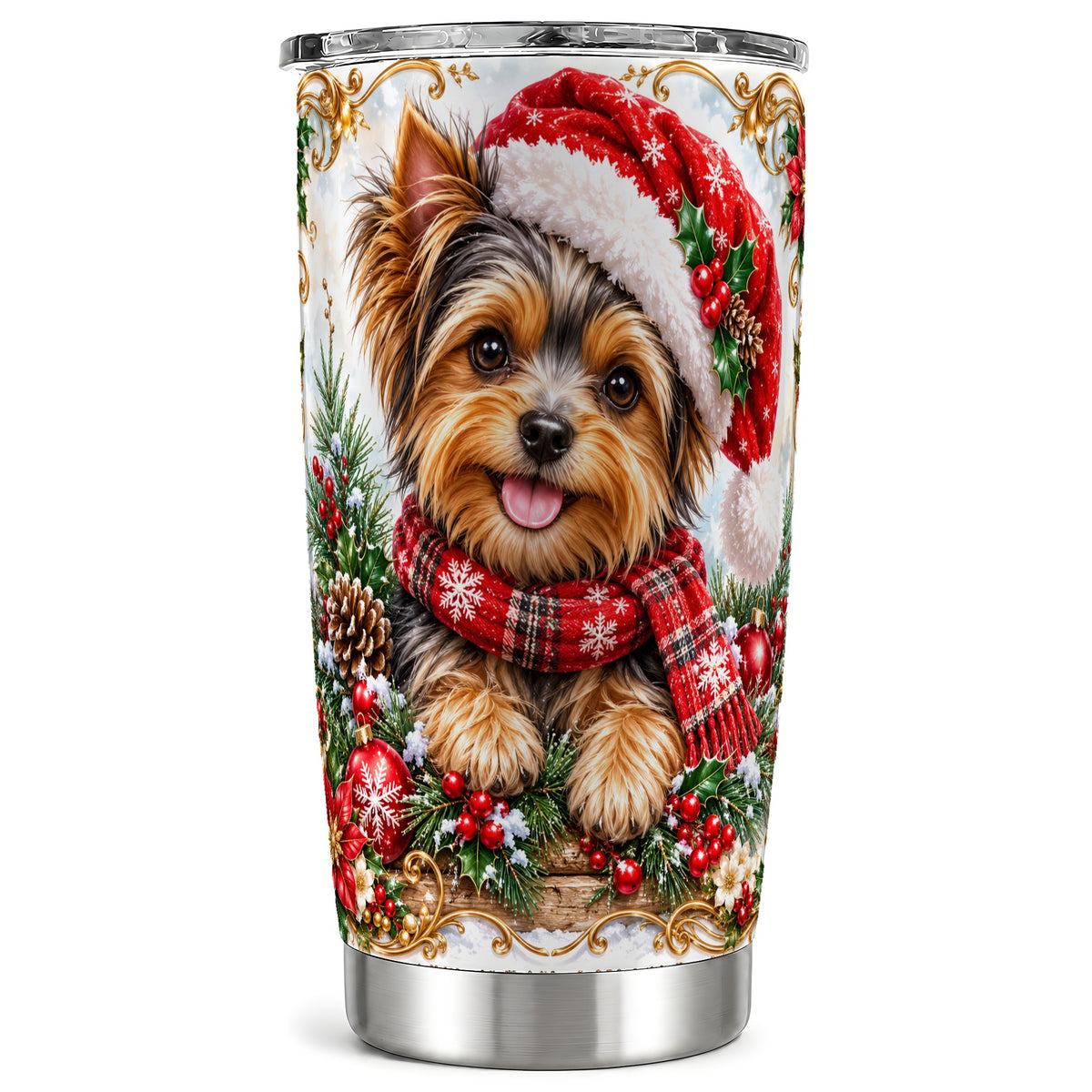 Christmas Yorkie Tumbler 20oz, Puppy Tumbler, Stainless Steel Travel Cup