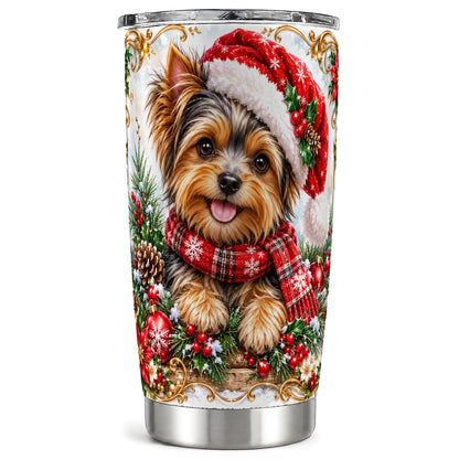 Christmas Yorkie Tumbler 20oz, Puppy Tumbler, Stainless Steel Travel Cup