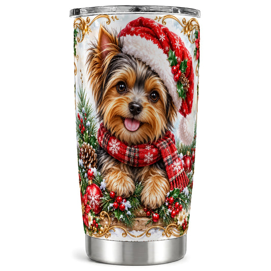 Christmas Yorkie Tumbler 20oz, Puppy Tumbler, Stainless Steel Travel Cup