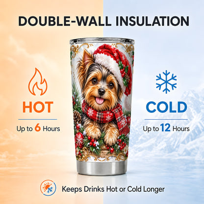 Christmas Yorkie Tumbler 20oz, Puppy Tumbler, Stainless Steel Travel Cup
