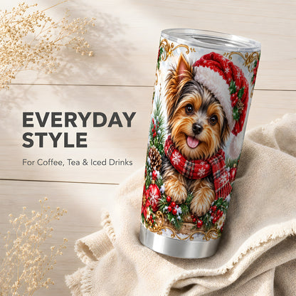 Christmas Yorkie Tumbler 20oz, Puppy Tumbler, Stainless Steel Travel Cup