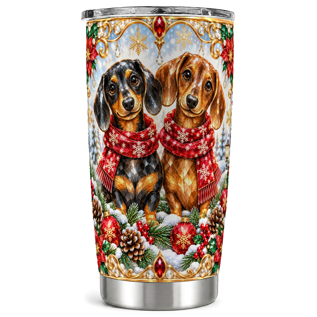 Christmas Dachshund Tumbler 20oz, Jeweled Dog Tumbler, Steel Travel Cup
