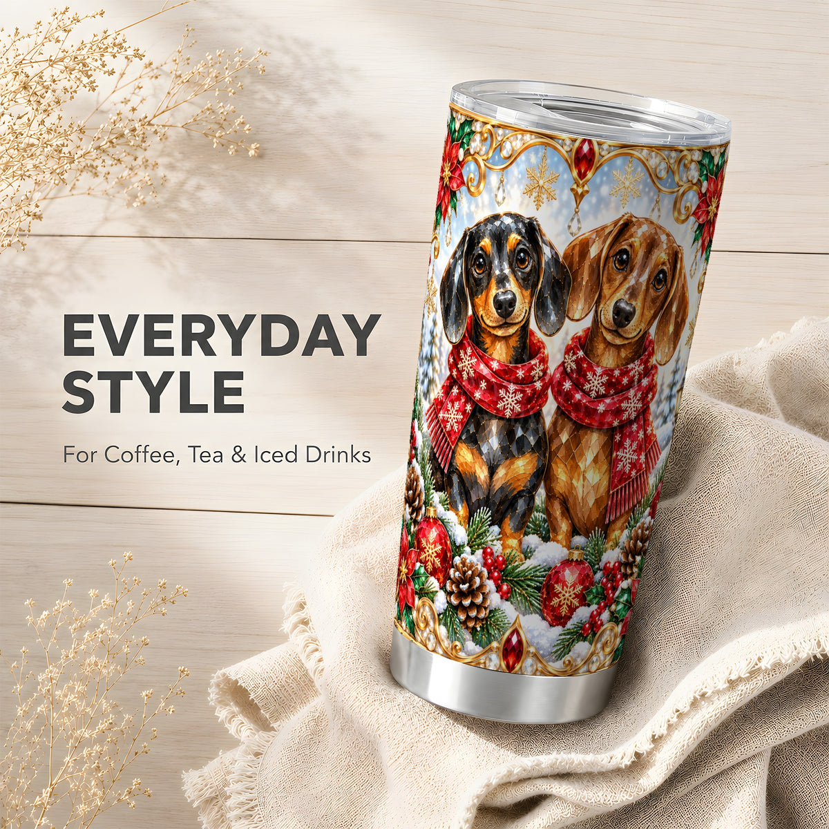 Christmas Dachshund Tumbler 20oz, Jeweled Dog Tumbler, Steel Travel Cup