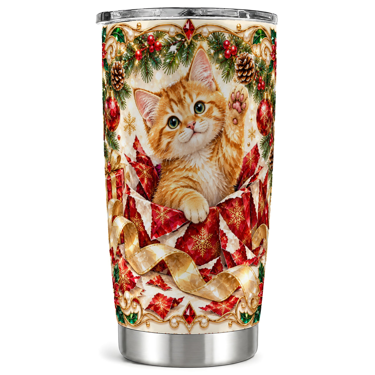 Christmas Kitten Tumbler 20oz, Cat Tumbler, Stainless Steel Travel Cup