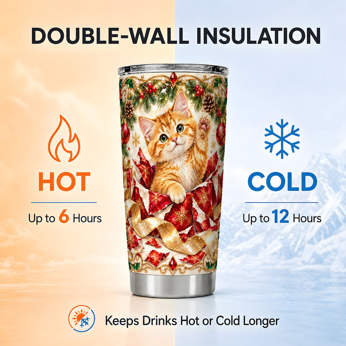 Christmas Kitten Tumbler 20oz, Cat Tumbler, Stainless Steel Travel Cup