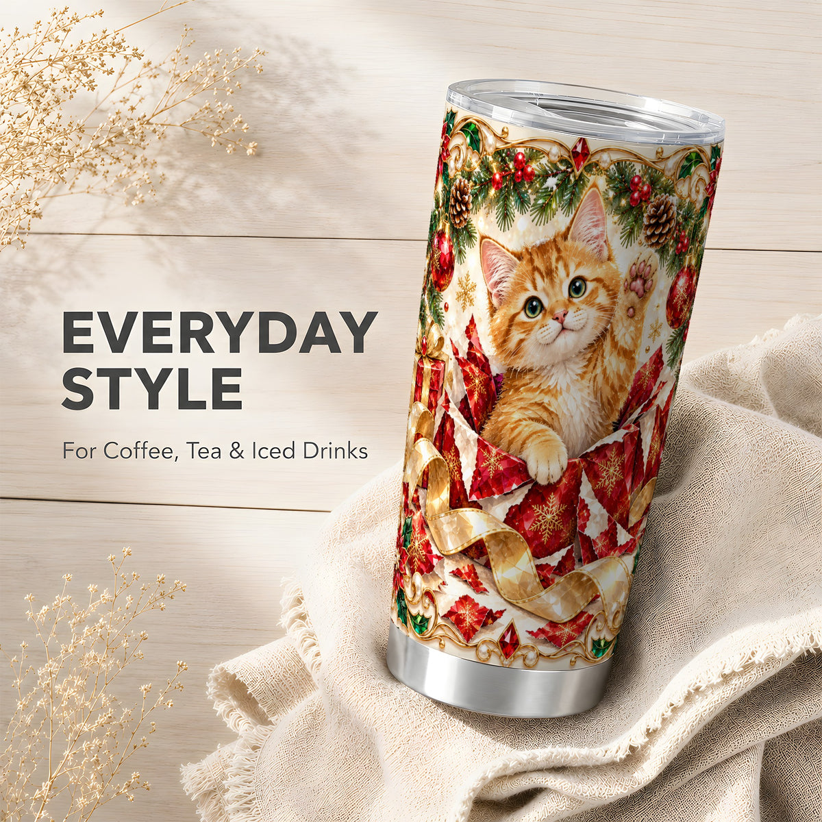 Christmas Kitten Tumbler 20oz, Cat Tumbler, Stainless Steel Travel Cup