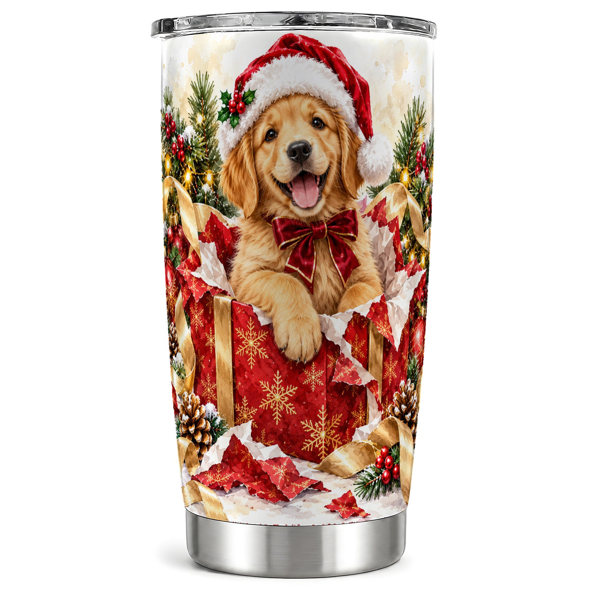 Christmas Golden Retriever Tumbler 20oz, Puppy Tumbler, Steel Travel Cup