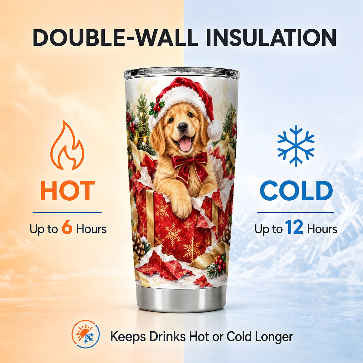 Christmas Golden Retriever Tumbler 20oz, Puppy Tumbler, Steel Travel Cup