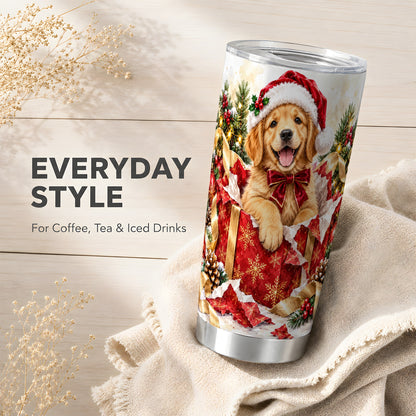 Christmas Golden Retriever Tumbler 20oz, Puppy Tumbler, Steel Travel Cup