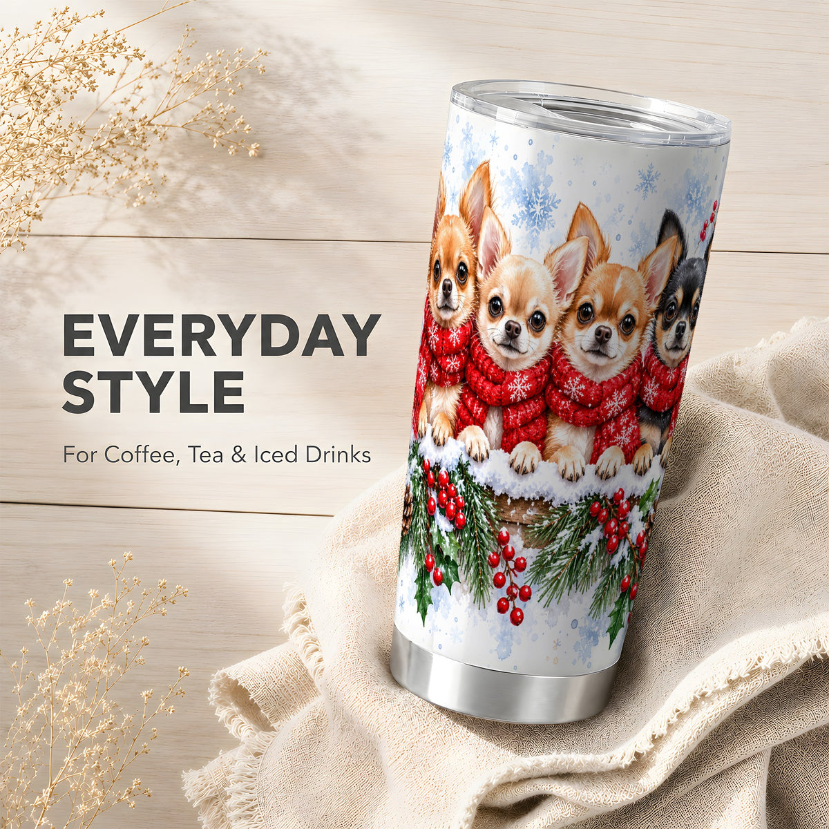 Four Chihuahua Tumbler 20oz, Dog Group Tumbler, Stainless Steel Travel Cup