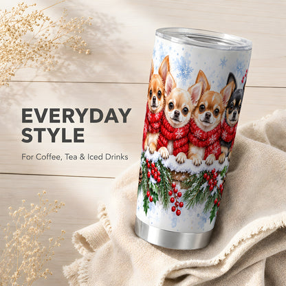 Four Chihuahua Tumbler 20oz, Dog Group Tumbler, Stainless Steel Travel Cup