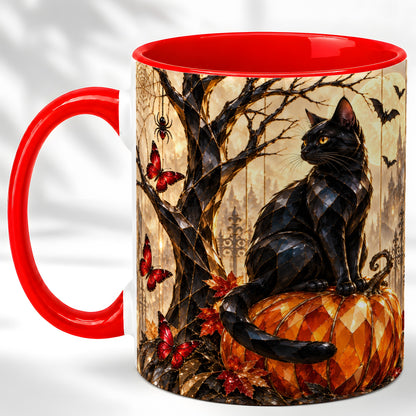 Black Cat Halloween Coffee Mug, Stained Glass Style Mug, Ceramic Cup