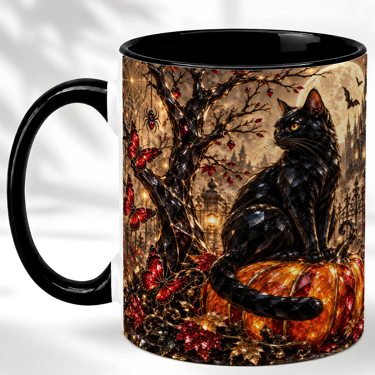 #pl[11oz|Black] Black Cat Halloween Coffee Mug, Jeweled Pumpkin Mug, Ceramic Cup