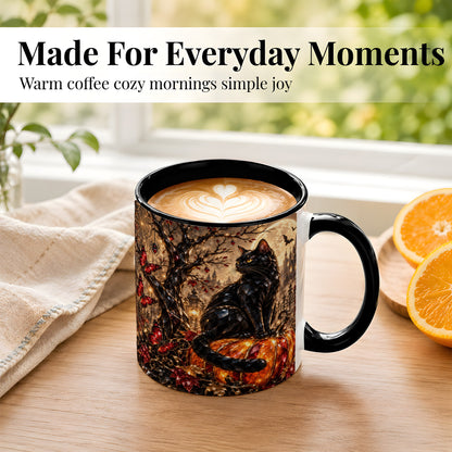 #pl[11oz|Black] Black Cat Halloween Coffee Mug, Jeweled Pumpkin Mug, Ceramic Cup