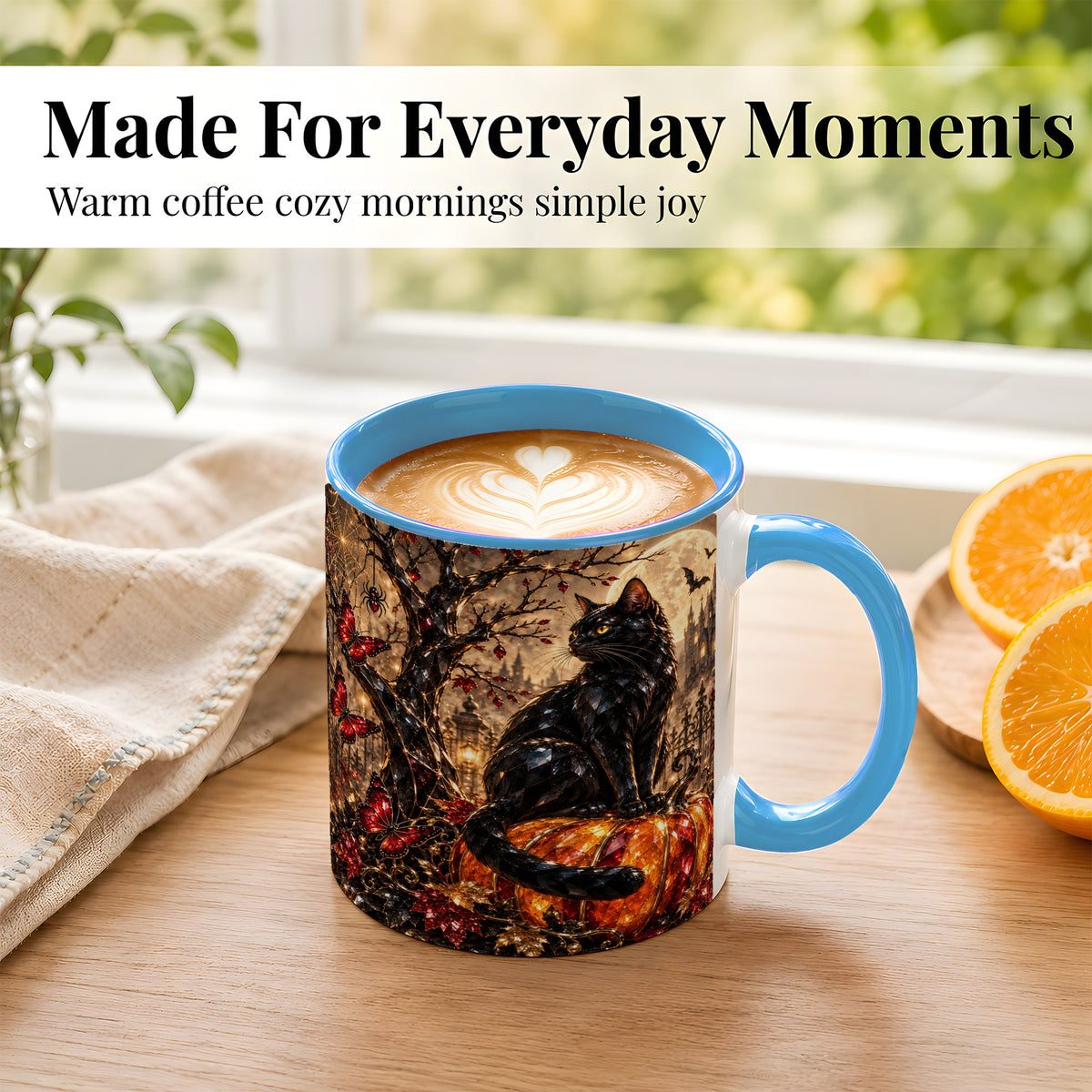 #pl[11oz|Blue] Black Cat Halloween Coffee Mug, Jeweled Pumpkin Mug, Ceramic Cup