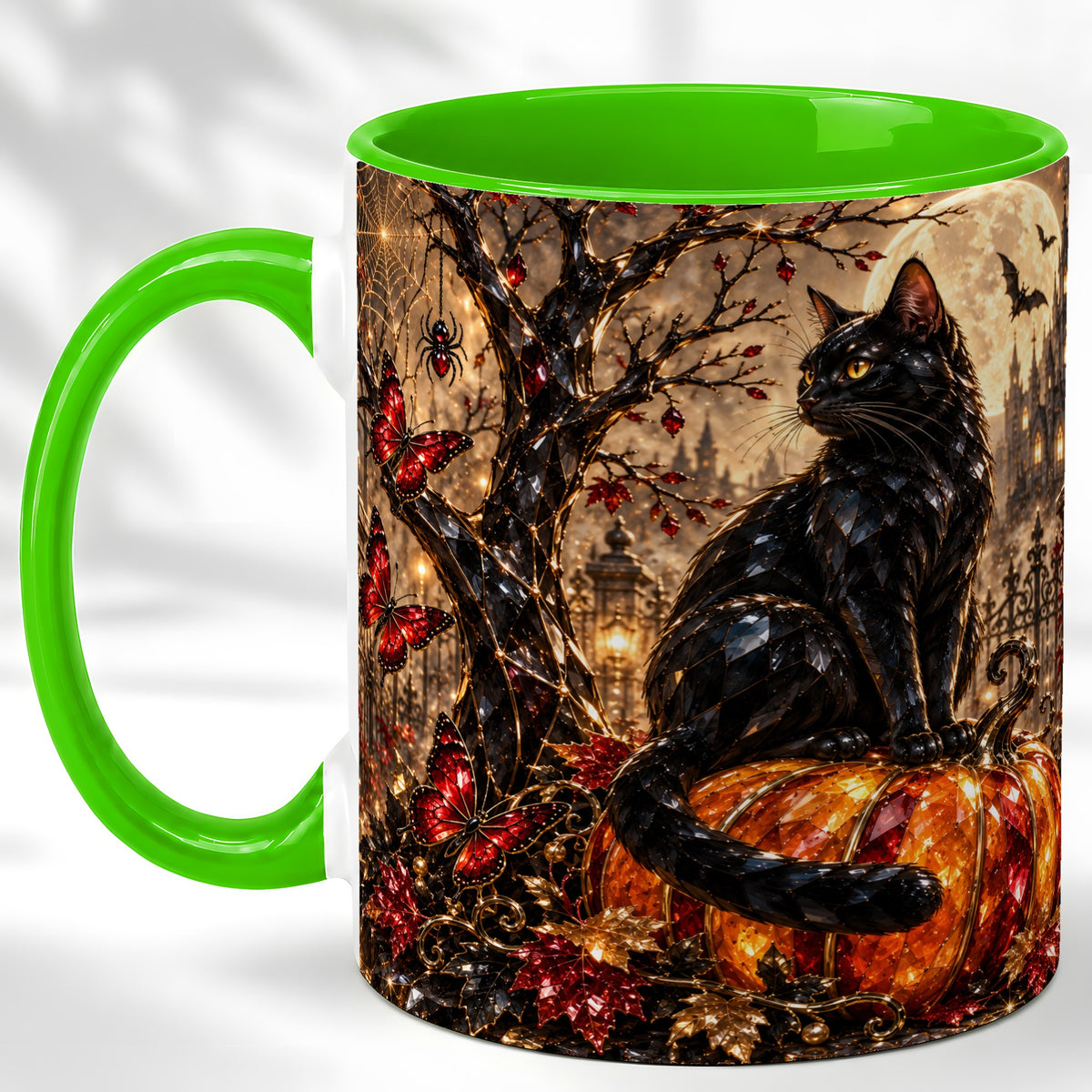 #pl[11oz|Green] Black Cat Halloween Coffee Mug, Jeweled Pumpkin Mug, Ceramic Cup