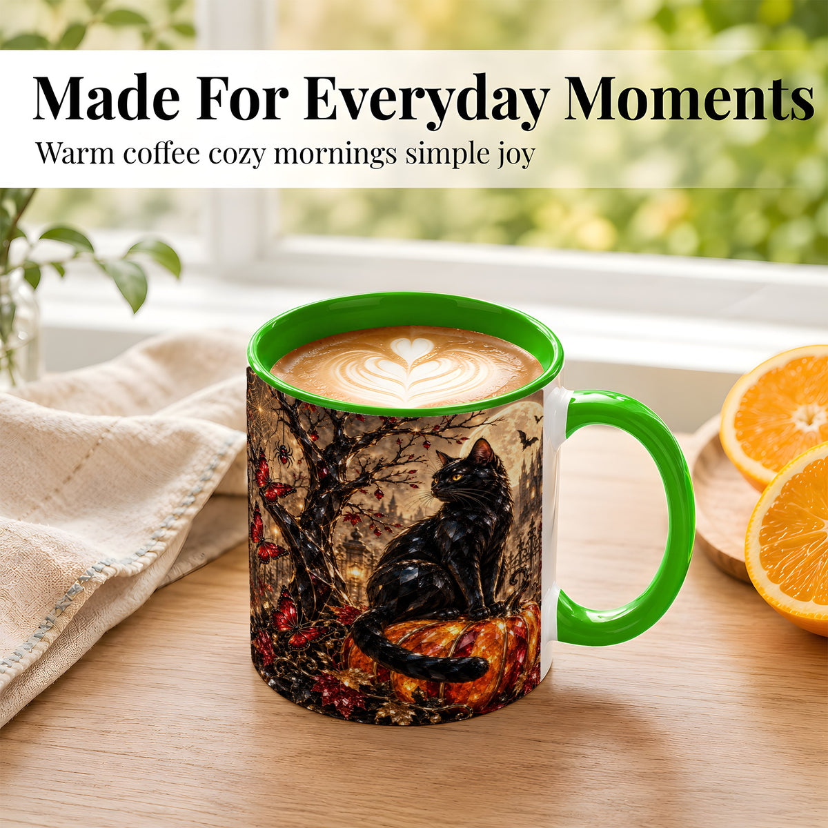 #pl[11oz|Green] Black Cat Halloween Coffee Mug, Jeweled Pumpkin Mug, Ceramic Cup