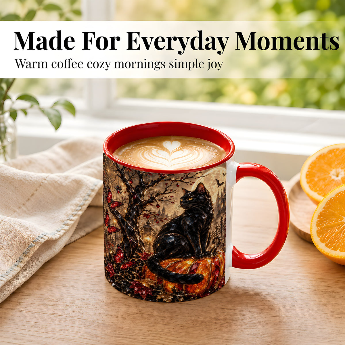 #pl[11oz|Red] Black Cat Halloween Coffee Mug, Jeweled Pumpkin Mug, Ceramic Cup
