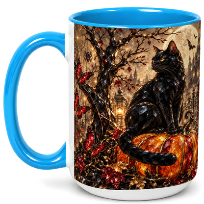 #pl[15oz|Blue] Black Cat Halloween Coffee Mug, Jeweled Pumpkin Mug, Ceramic Cup