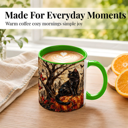 #pl[11oz|Green] Black Cat Halloween Coffee Mug, Gothic Mosaic Mug, Ceramic Cup