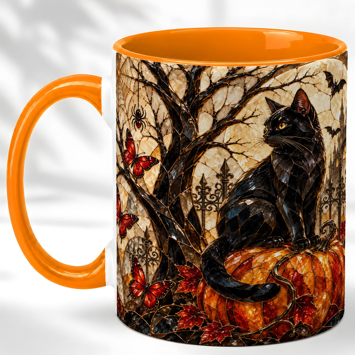 #pl[11oz|Orange] Black Cat Halloween Coffee Mug, Gothic Mosaic Mug, Ceramic Cup