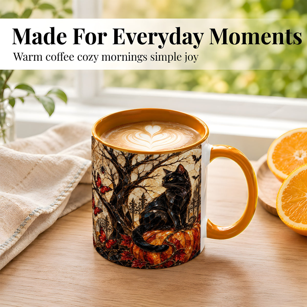 #pl[11oz|Orange] Black Cat Halloween Coffee Mug, Gothic Mosaic Mug, Ceramic Cup